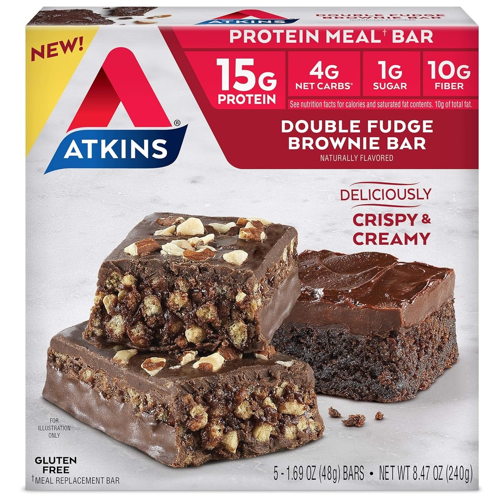 Atkins Double Fudge Brownie Protein Meal Bar, High Fiber, 15g Protein, 1g Sugar, 4g Net Carb, Jídelní náhrada, Keto Friendly