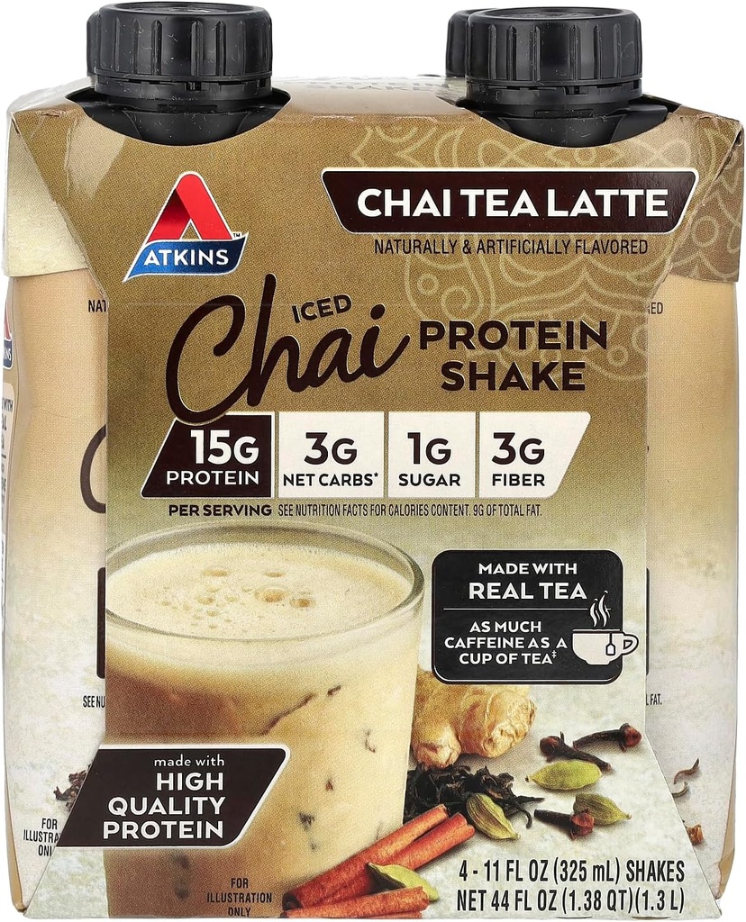 Atkins Iced Chai Tea Latte protein- Rich Shake, Keto Friendly a gluten Free. (4 třesy)