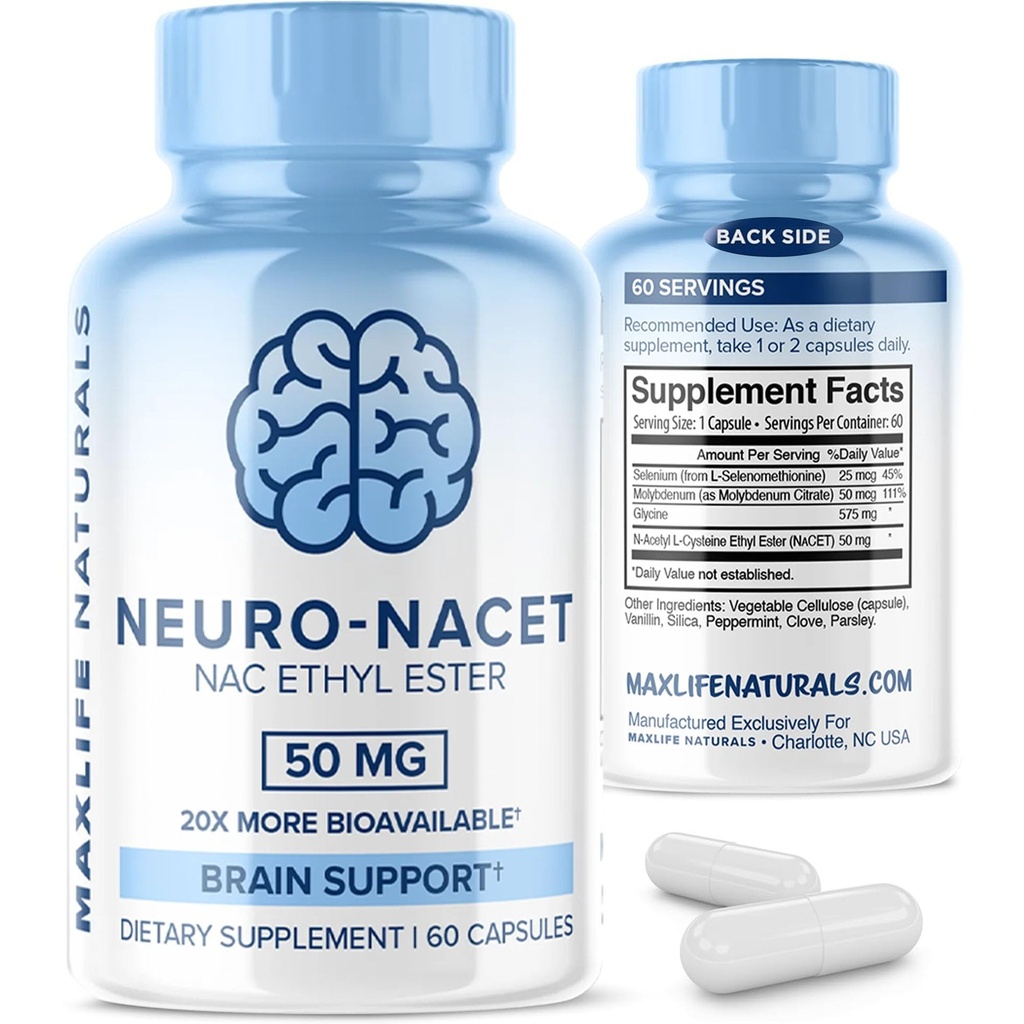 MaxLife Naturals Neuro NACET N-Acetyl L-Cysteine - 60 Kapsle, 20x Více Biologicky dostupné Glycine NAC dodatek N-Acetyl Cysteine Ethyl Ester se Seleniem, 10x Glutathione Boost pro Brain & Lung Podpora