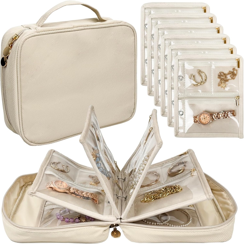 Pouzdro pro organizátora kočovných šperků, Pouzdro na úschovu šperků s čirým zipem Samet Pouch pro cestování, Náušnice, prstence, Náhrdelník, Náramek (bílý)