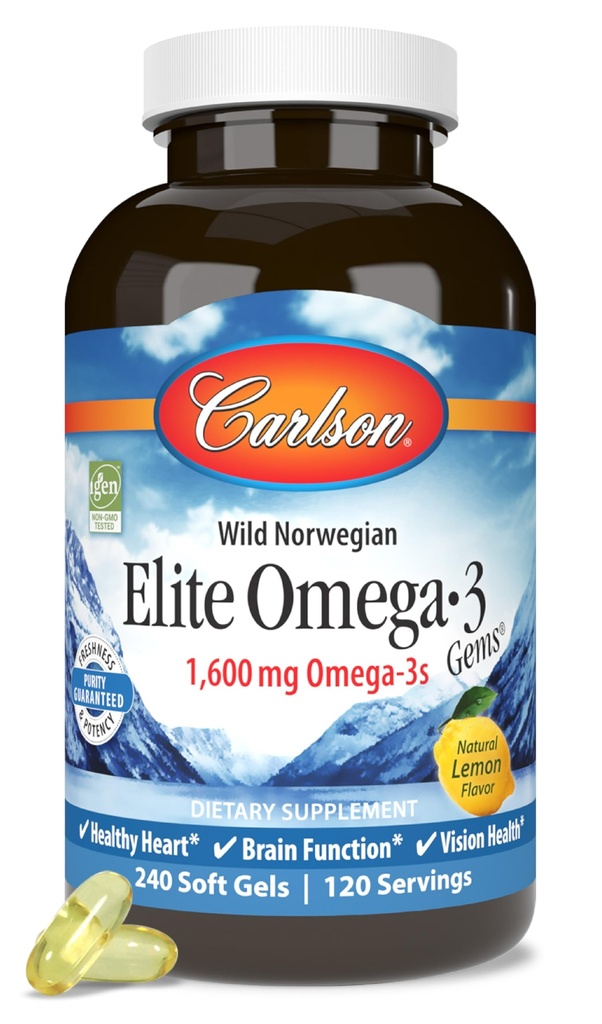 Carlson Elite Omega33 Gems, 1600 mg Omega33 s EPA & DHA, Lemon Flavor, 240 Softgels - Wild- Casted Norsky Fish Oil, Udržitelně sourced