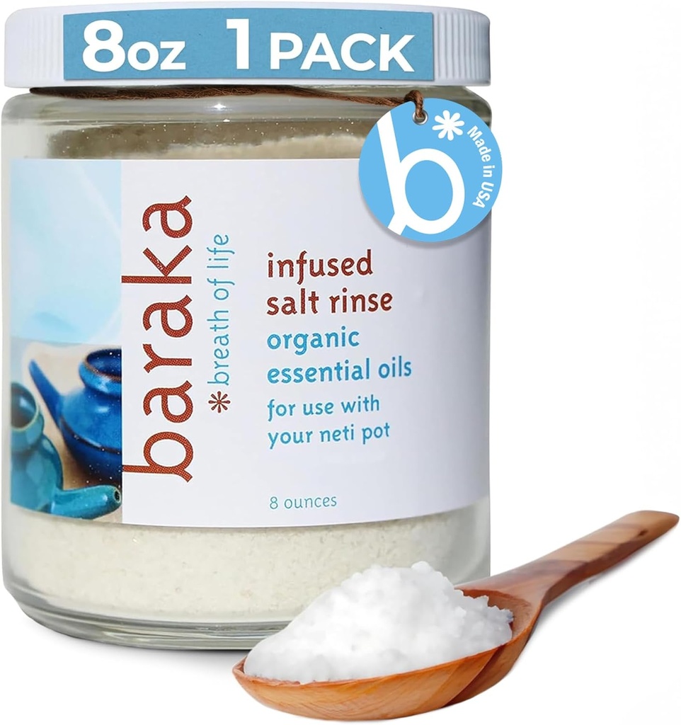 Baraka Infused Sea Salt Neti Pot - Sinus Rinse & Nose Cleaner, Essential Oil Infused with Virginia Cedarwood, Palmarosa, Green Myrtle, Fir Balsam & Rosemary, 8 oz (1 balení)