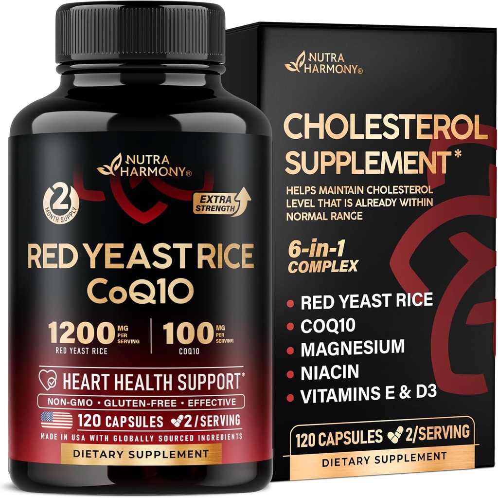 Červená kvasinková rýže 1200 mg s CoQ10 100 mg - s hořčíkem 124; Niacin PHARMAD 124; Vitamin E & D3 - Podpora srdečního zdraví, Energie & Metabolismus - Efektivní, Flush- free & Laboratorní testování - Made in USA, 120 Kapsle