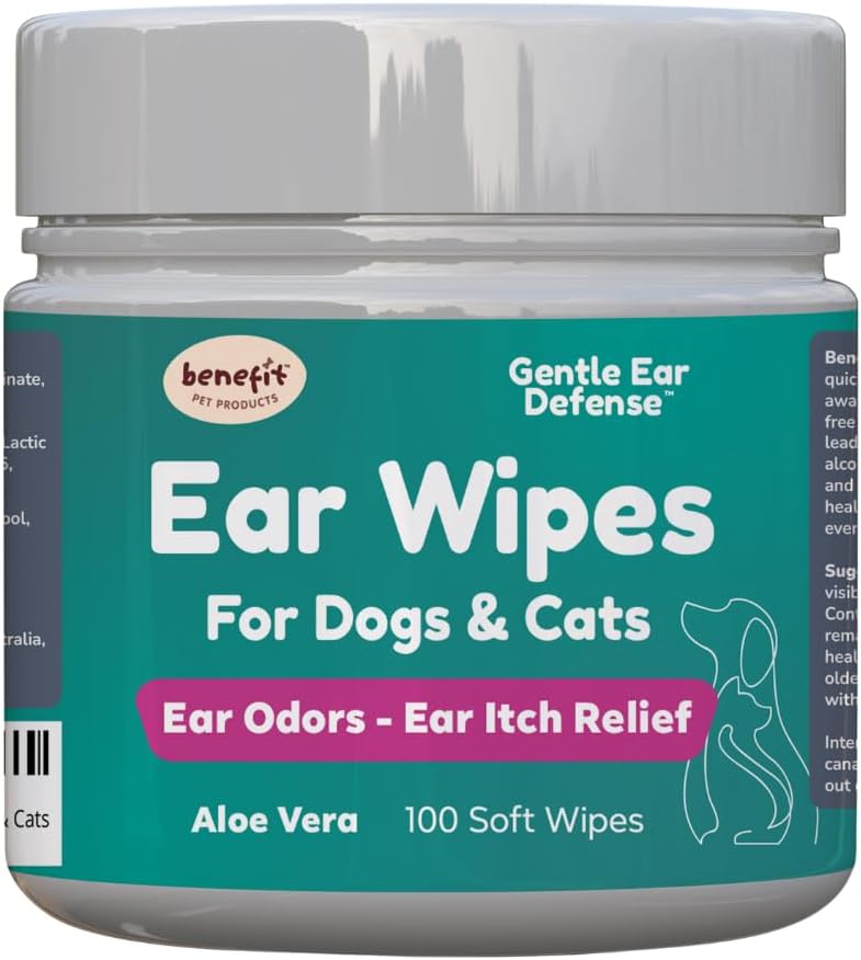 Benefit Pet Products Dog Ear Wipes - Čistič uší pro psy, aby se zabránilo infekcím, svědění a zápachu - Aloe & Eucalyptus, Grooming Wipes - 100 Počet