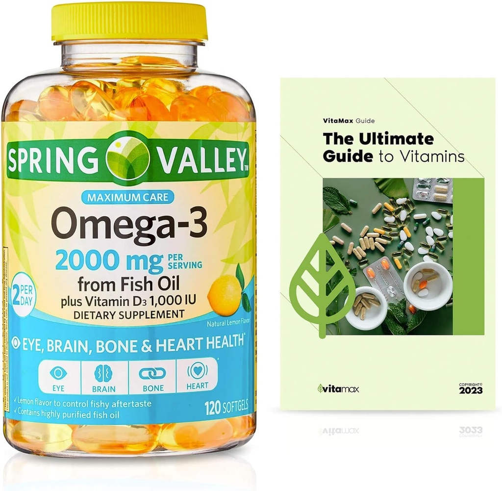 Jarní údolí Omega33 z Fish Oil 2000 mg, Maximální péče, 120 Počet + Exkluzivní VitaMax vitaminový průvodce (2 položky)