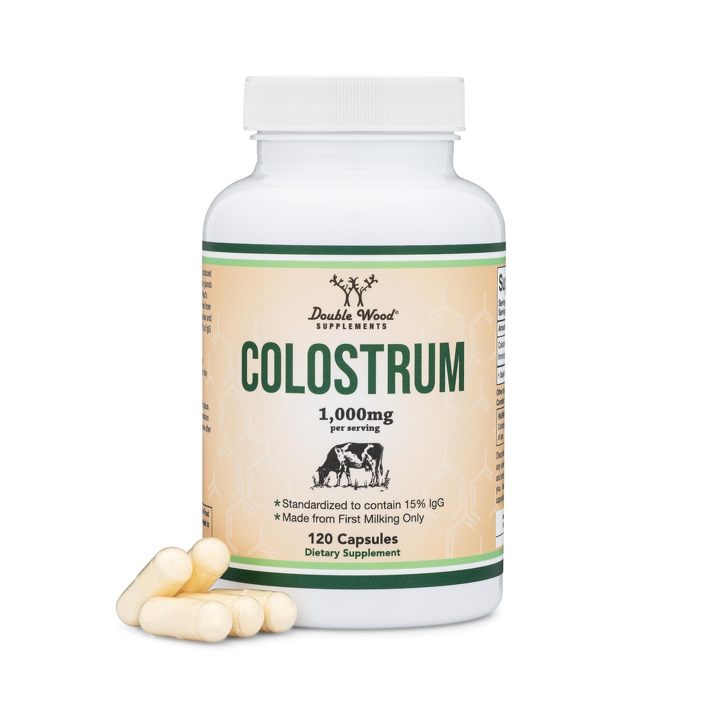 Mlezivo dodatek 120 Kapsle, 1,000mg na servírování (Bovine Colostrum Powder from First Milking Only, Std. to Contain 15% IgG Immunoglobulins) No Fillers, Třetí strana Tested by Double Wood
