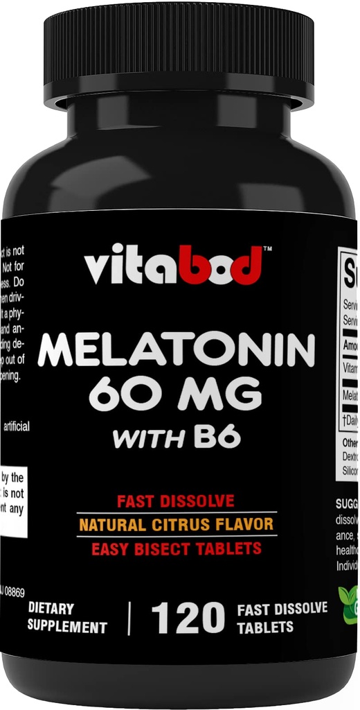 Melatonin 60 mg s vitaminem B6 - 120 Fast Disolute Tablet Extra- Strength Sleep Support - Drug- Free - Natural Citrus Flavor - Vegetarian, Non- GMO, gluten- Free