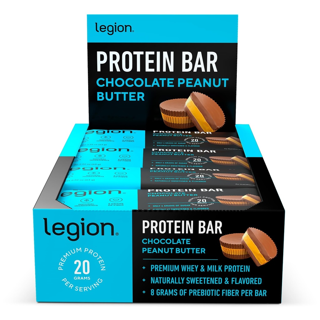 Legion Protein Bar Čokoládové arašídové máslo - 100% syrovátkový protein, pečený tyčinky s prebiotickým vláknem - vysoký protein (20g) Nízký tuk (12g) Nízký cukr (4g), No Soy, gluten - Přírodní příchutí (12 Počet)