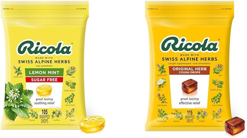 Ricola Sugar Free Lemon Mint Bylinné Kašel Suppressant Krční Kapky, 105ct Bag & Původní Přírodní Herb Kašel Kapky, 115 Počet, Kašel Suppressant & Krční Relieving Kapky