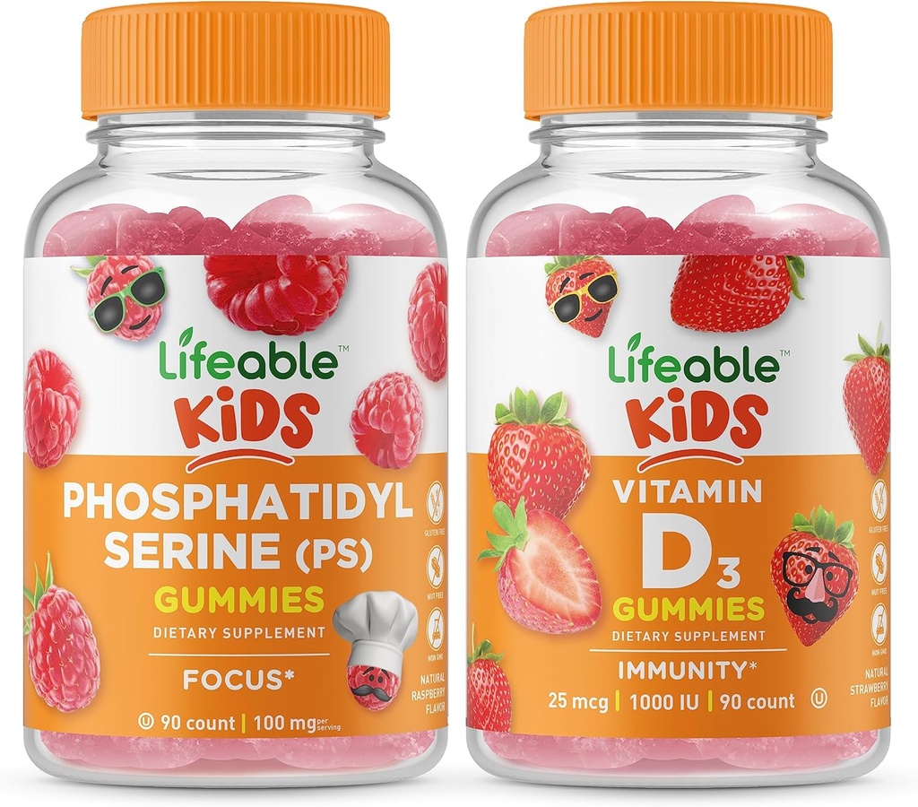 Živý fosfatidylserin (PS) Děti + Vitamin D Děti, Gummies Bundle - Velký přípitek, dodatek k vitamínu, gluten zdarma, GMO zdarma, Žvýkací žlab