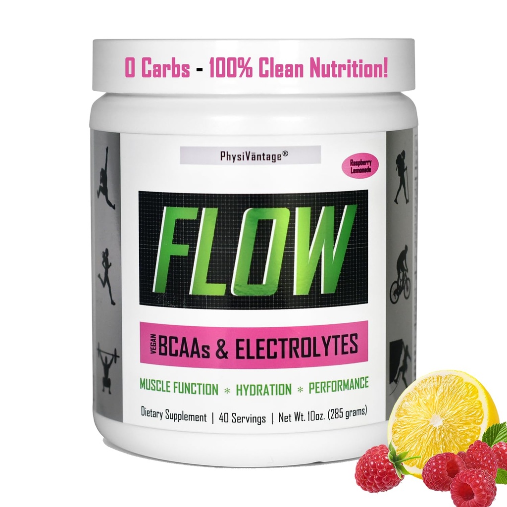 PhysiVantage - Flow Electrolyte Powder with BCAA - Sugar- Free Hydration & Muscle Recovery Drink Mix - Vegan, Keto- Friendly Electrolytes - Zero Sugar, 40 Serings, Raspberry Lemonade Flavor