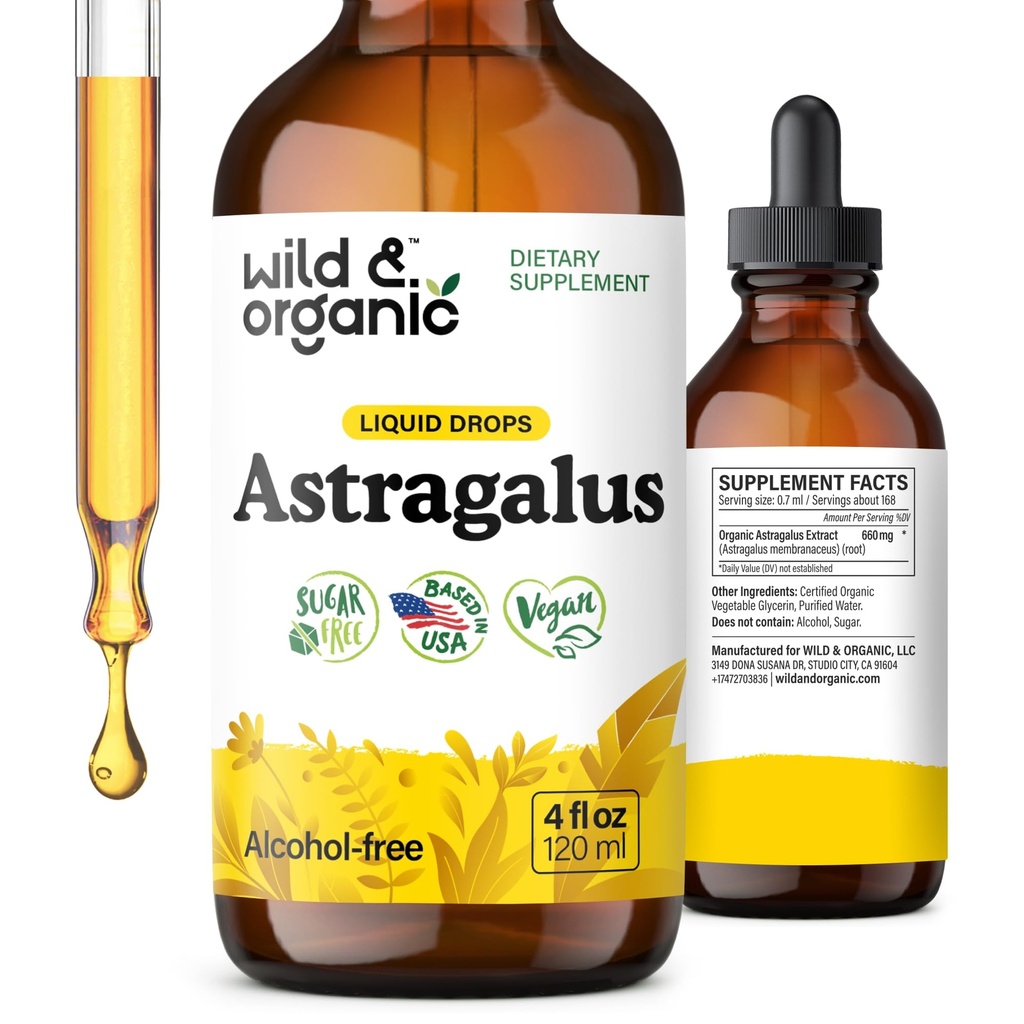 Wild & Organic Astragalus Tincture - Immunní Supplement w / Astragalus Root Extract - Vegan Tincture for Immunity - Sugar & Alcohol- Free Drops - 4 fl oz
