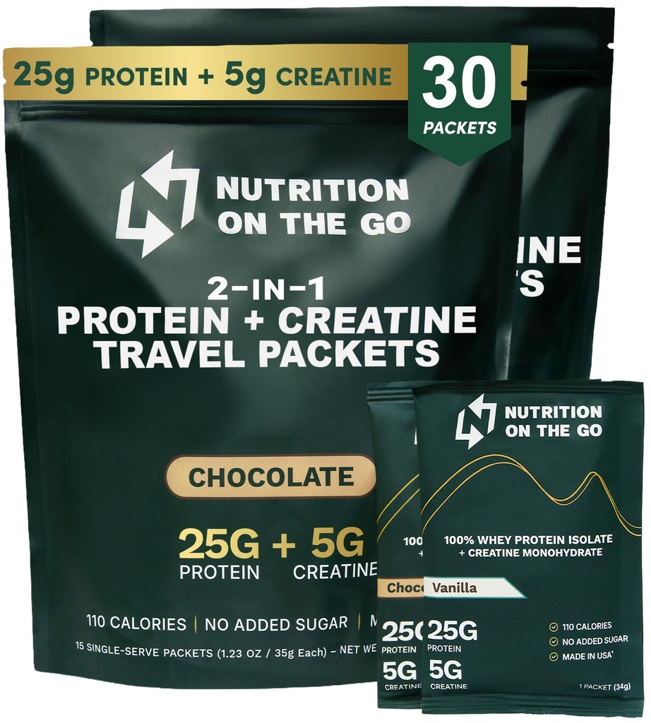 Nutrition On The Go Whey Protein Isolate Packets with Creatine - 25g Protein + 5g Creatine - Single- Serve Travel Protein Powder - Variety Pack (Vanilla & Chocolate) (30- Pack)