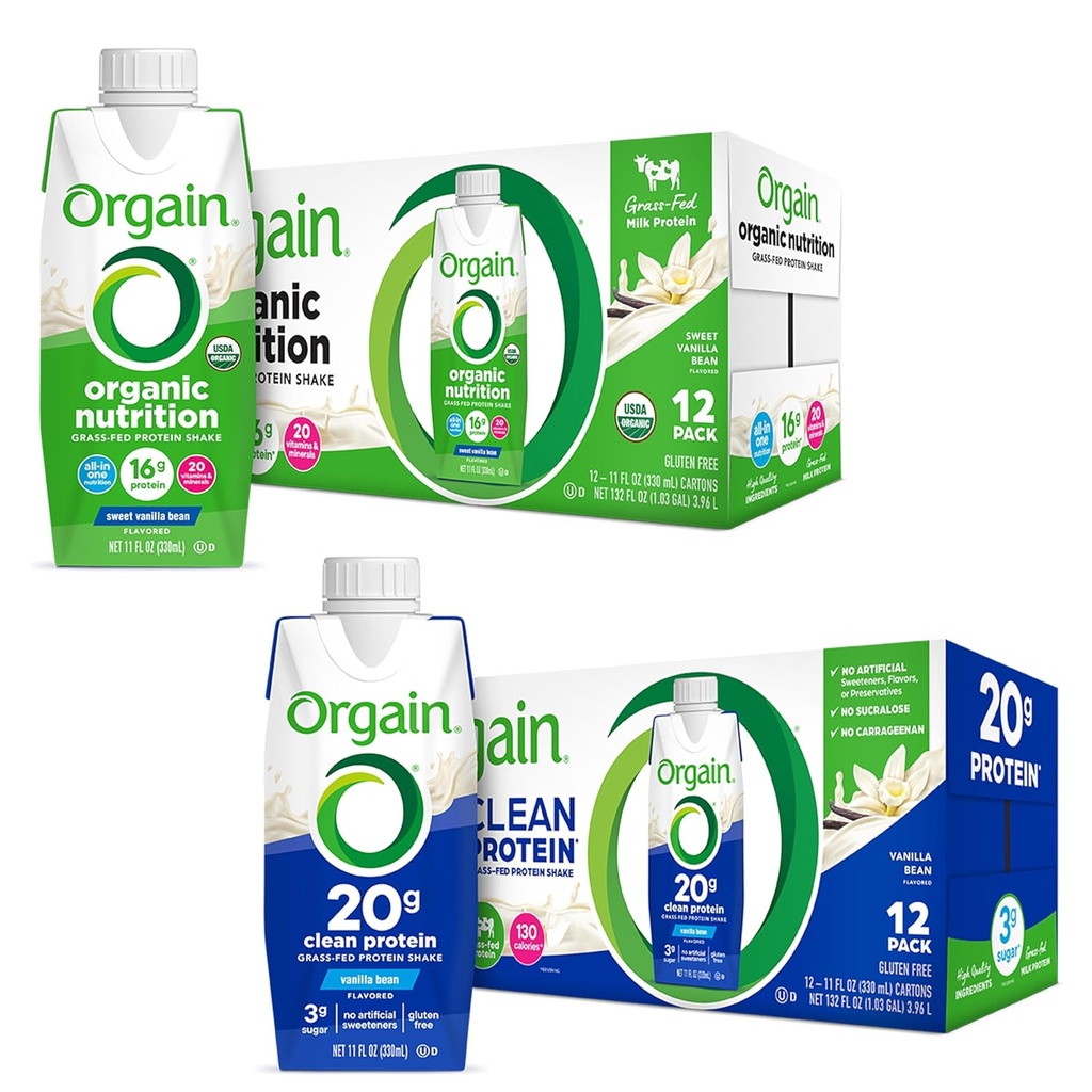 Orgain protein shakes Bundle - Tráva Fed syrovátka a mléčné bílkoviny, Vanilla ochucené (12 Pack)
