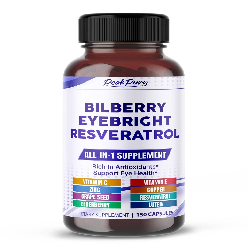 All- in-1 Bilberry Eyebright Astaxanthin Elderberry Resveratrol Dodatek - Bohaté na antioxidanty a podporuje oční zdraví - Vyrobeno v USA - 150 Kapsle