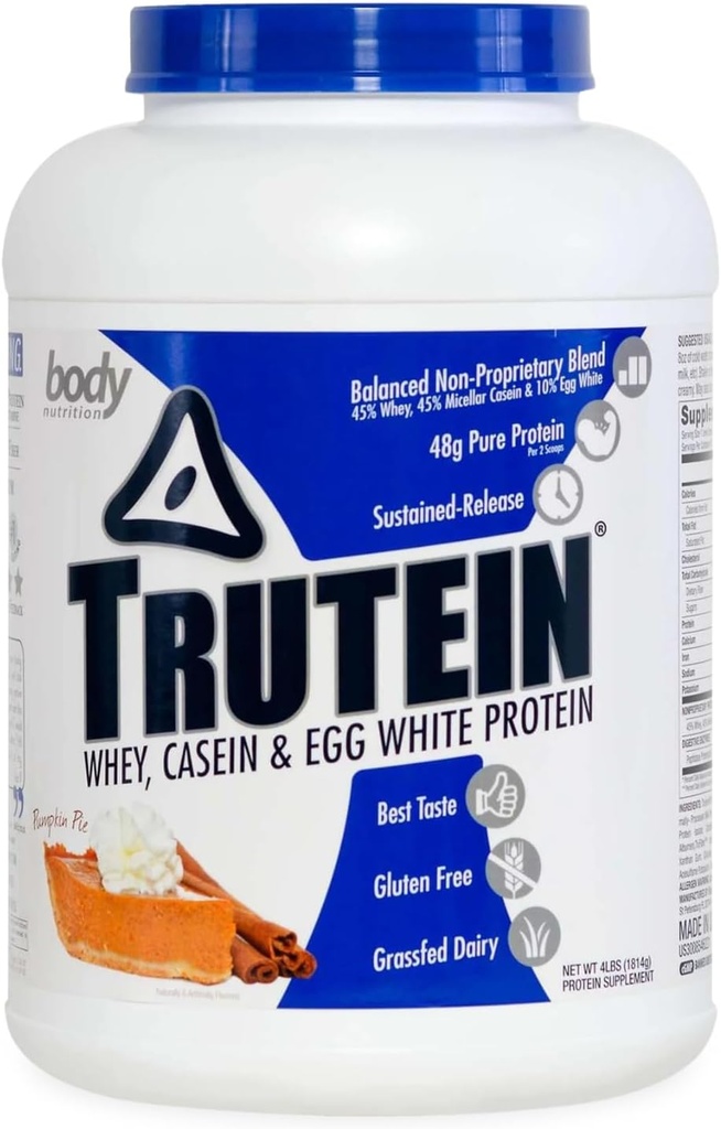 Body Nutrition Trutein High Protein Powder: 45% syrovátka, 45% kasein, 10% Vejce bílá, gluten- Free, nízký sodík, tráva Fed syrovátkový prášek, Gym dodatek & Breakfast Shake, dýňový koláč, 4lb