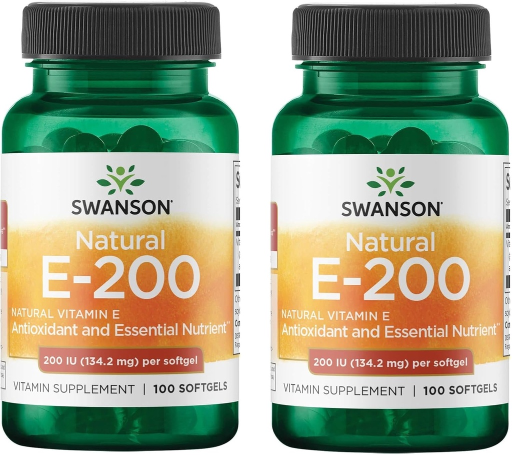Swanson Natural Vitamin E - přírodní doplněk podporující srdeční zdraví a ochranu tkání - Základní výživová podpora celkového zdraví a wellness - (100 Softgels, 200IU každý) (2 balení)