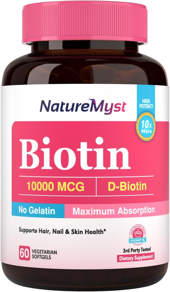 Biotin 10000 mcg, High Potency, Biologicky aktivní, Cold- Pressed Coconut Oil for Maximum Absorption, No Gelatin, Vlasy, Hřebíky, Kůže, 60 Vegetariánské ponožky