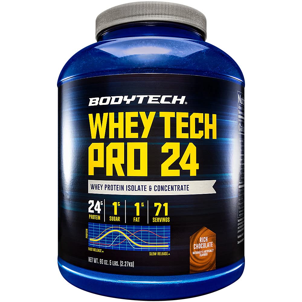 BODYTECH Whey Tech Pro24 Protein Powder - Bohatá čokoládová příchuť pro růst a obnovu svalů, Poskytování 24g protein per Serving for Optimal Fitness and Performance (5 liber / 71 Služeb)