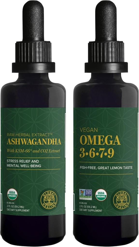 Global Healing Center Ashwagandha & Omega 3 6 7 9 Kit - Pomáhá s nervozitou, zdraví mozku, zdraví srdce a zdraví očí