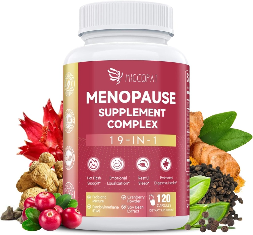 Menopauza Doplňky pro ženy, 10 Miliarda CFU Probiotic, 19- in-1 Multivitamin & Ashwagandha Extract, DIM, Hormonální bilance, Podpora Hot Flashs, Noční poty, Mood, Spánek 124; Vegan, 120 Kapsle