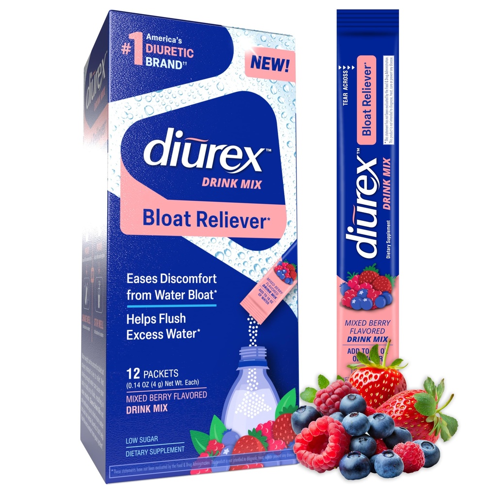 Diurex Drink Mix - Diuretický dodatek - Smíšené Berry Flavor - Bloat Relief s Diurex Proprietal Bloat- Relieving Blend - Single Serve - 12 Pack