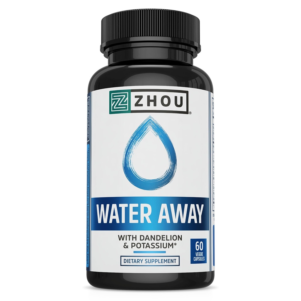ZHOU Water Away Bylinný vzorec pro zdravou rovnováhu tekutin 124; s Pampeliška, Draslík, Zelený čaj & Více 124; 60 Kapsle