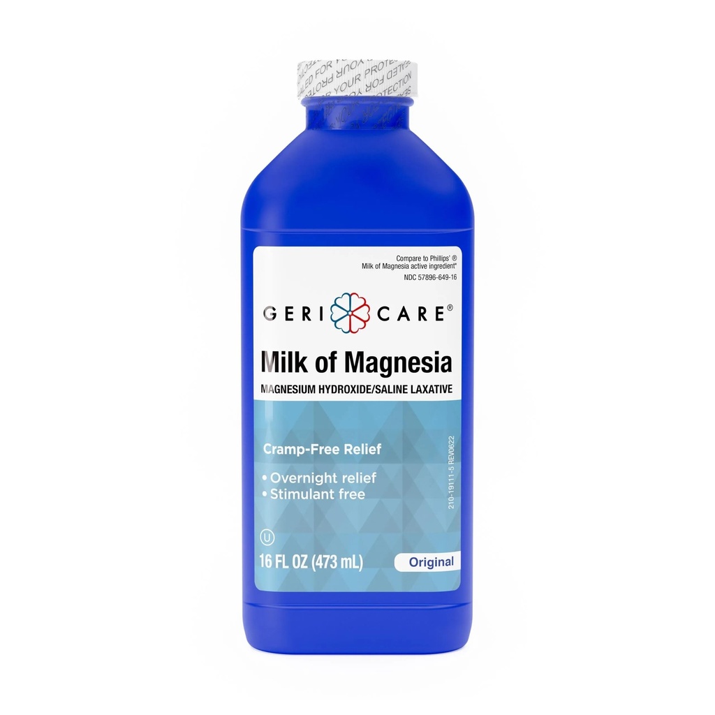 GeriCare Mléko z Magnézie, Hydroxid hořečnatý 1200mg 1 200 mg 1 4; Fast Overnight Constolly Relief 1 124; Cramp- Free Saline Laxative & Stool Softener 1 124; Antacid for Heartburn & Požití 1 124; Original Flavor 1 124; 16 Fl Oz