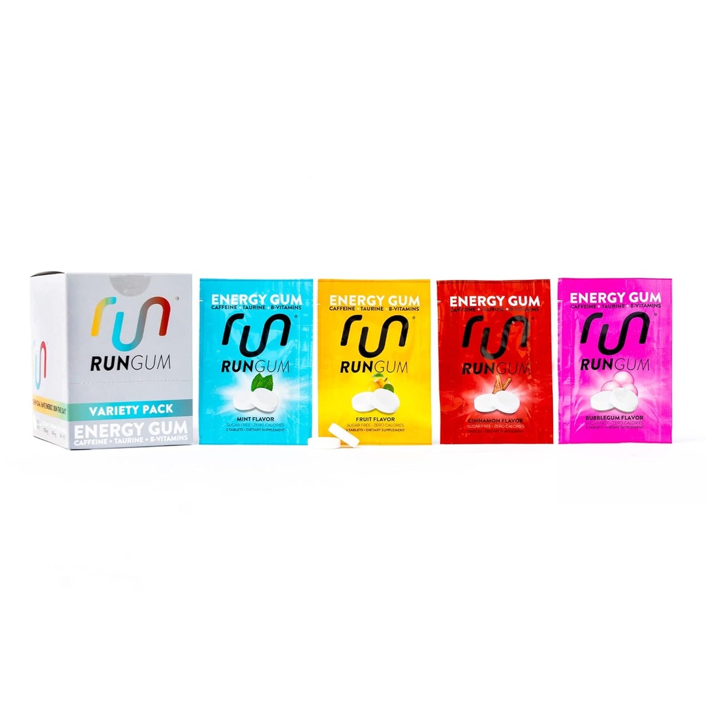RUN GUM Variety Packenergy Chewing Gum 50mg Caffeine Taurin & B-Vitamins Per Piece, 24 Kusy (balení po 12) Cukr zdarma, Zero Calorie, No Aspartam, a gluten zdarma