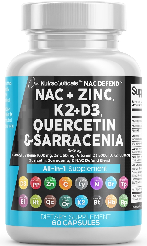 NAC dodatek N- Acetyl Cystein Vitamin D3 K2 zink Quercetin Sarracenia Purpurea Imunitní podpora 124; Elderberry Svatá Basil Bee Propolis Bromelain L- Lysin Kapsle doplňky pro ženy Dospělí