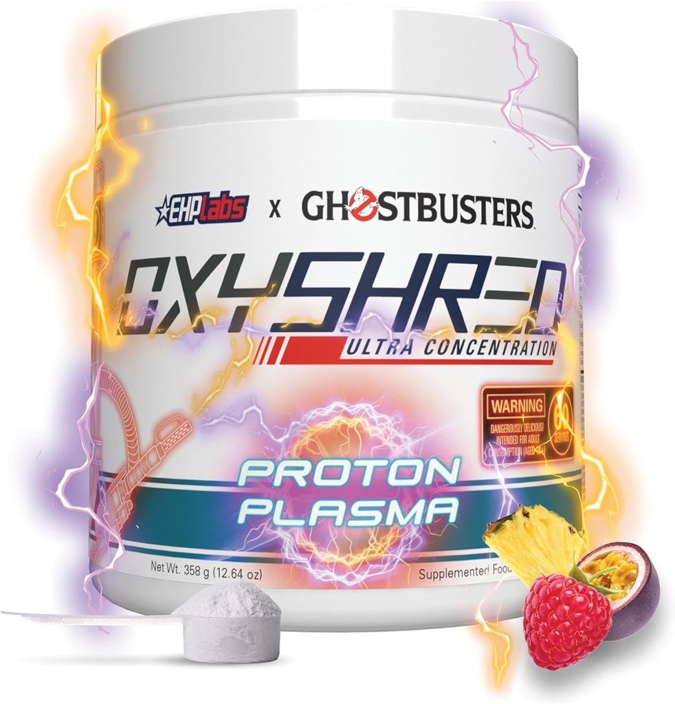 EHP Labs x Ghostbusters OxyShred Pre Workout Powder & Shredding Dodatek - Předcvičení prášek s acetyl L karnitin, Energy Boost Drink - Proton Plasma, 60 Služební