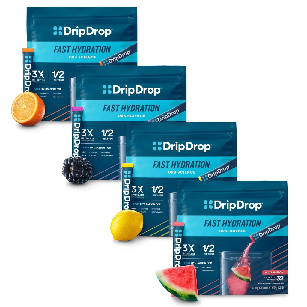 Hydratace DripDrop - Electrolyte Powder Packets - Meloun, Berry, Lemon, Orange - Hodnota Variety Bundle - 128 Počet