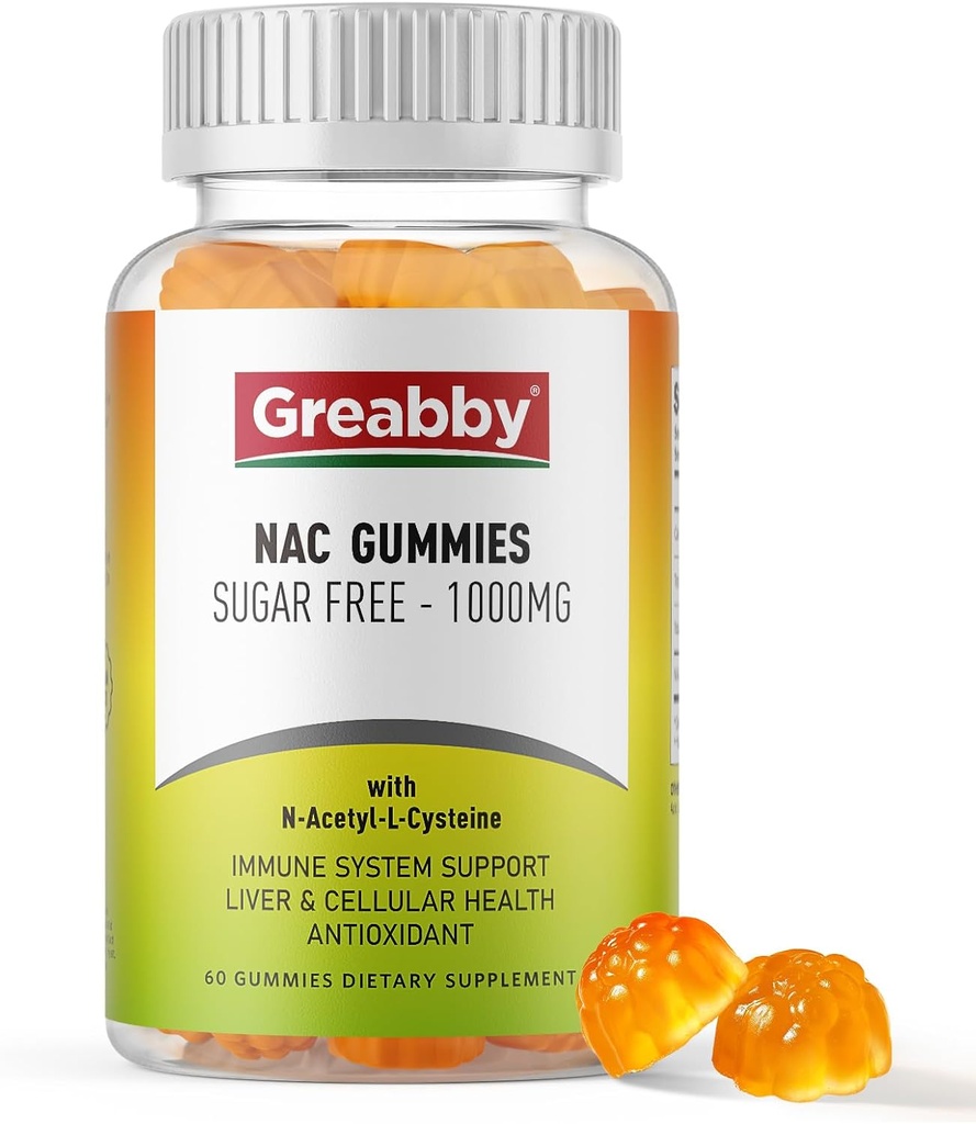 NAC Gummies Sugar Free, N Acetyl Cysteine NAC dodatek 1000mg pro antioxidanty, Lung & jaterní zdraví, imunitní podpora, Vegan Orange Flavor, 60ct