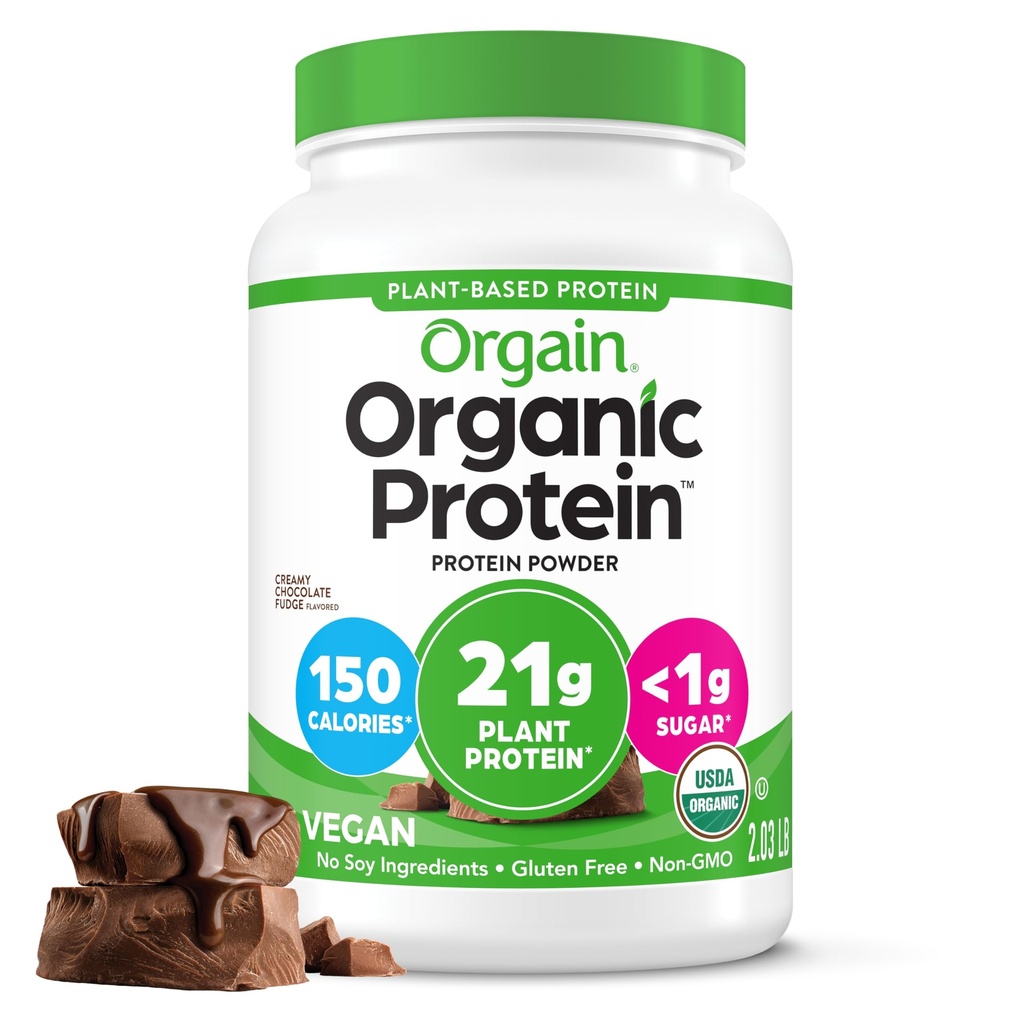 Orgain Organic Vegan Protein Powder, Creamy Chocolate Fudge - 21g Plant Protein, 6g Prebiotic Fiber, Low Net Carb, No Lactosa Ingredients, No Add Sugar, Non- GMO, For Shakes & Smoothies, 2.03 LB