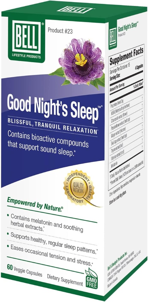 Bell Lifestyle Good Night 's Sleep - Natural Sleep Support with Melatonin and Herbal Extracts, Podporuje relaxaci a spánek vzory, 60 Veggie Kapsle