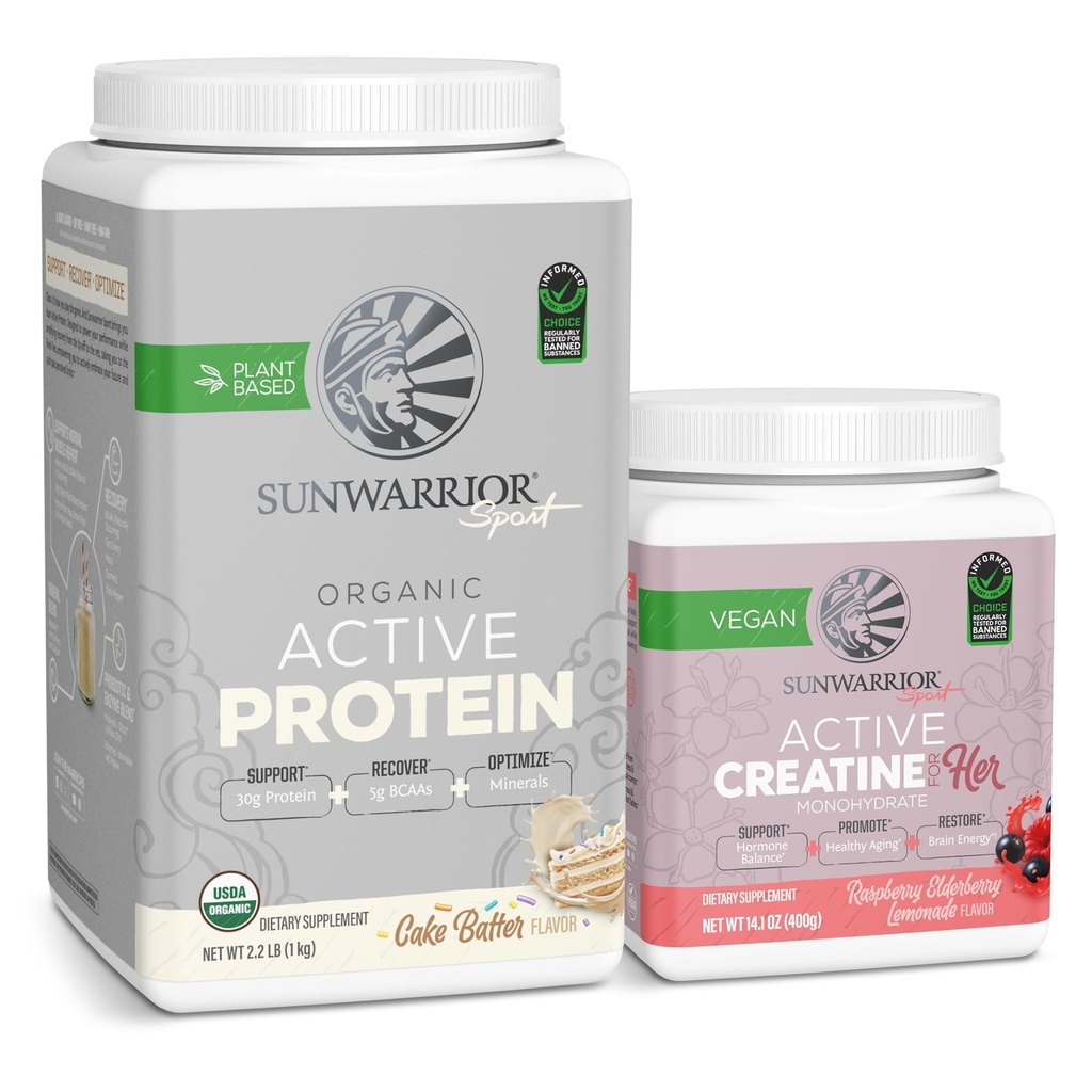 Sunwarrior Vegan Protein Powder USDA Organic Foundation 124; 20 Servings, Cake Batter Ochucené & Creatine Monohydrát Powder for Her Foundation 124; Micronized 50 Servings, Malina Lemonade Ochucené