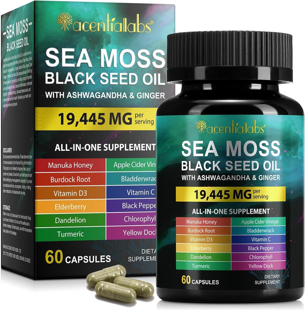 Moss Black Seed Oil Kapsle, Ashwagandha Ginger Kapsle s vitamínem C D3, Multi Směs Nutrition dodatek pro imunitu, stravovací, energie, kůže & vlasy, Black Seed Oil Moss Kapsle, 60P