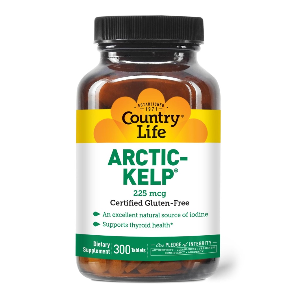 Country Life Arctic- Kelp - přírodní doplněk jódu pro štítnou a imunitní podporu - Vegan, gluten- Free, 225 mcg - Ideální pro zdraví štítné žlázy, hypotyreóza, a adrenální podpora, 300 tablet