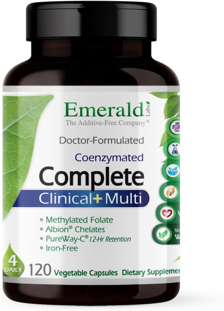 EMERALD LABS Kompletní klinické Multi - Multivitamin s methylovaným folátem, Vitamin D3, Digestivní Enzymy & Více pro Gut zdraví, Imunitní podpora & Více * - 120 Zeleninové kapsle (30- Day Supply)