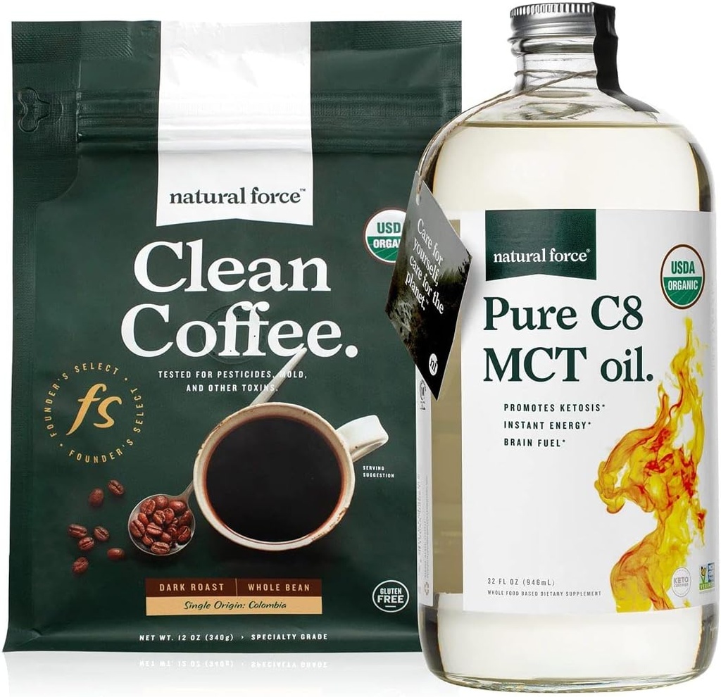 Natural Force Dark Peast Clean Coffee + Organic Pure C8 MCT Oil Bundle - 100% C8 MCTs & Mold & Mycotoxin Free Coffee - Non- GMO, Keto, Paleo, a Vegan - 12 Oz a 32 Oz