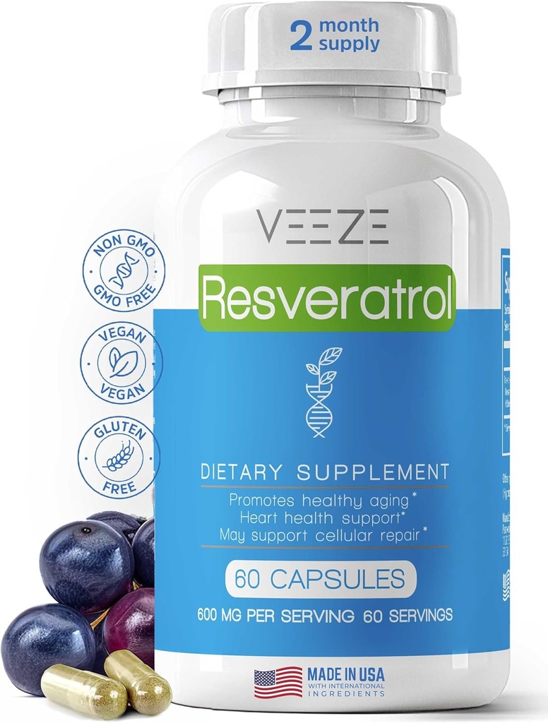 VEZE Resveratrol Dodatek 600mg 60 Kapsle & 60 Doručování - Made in USA Natural & Organic Resveratrol - Bohatí na antioxidanty & Trans Resveratrol pro Well- Bytí podpora - Premium Organic Resveratrol