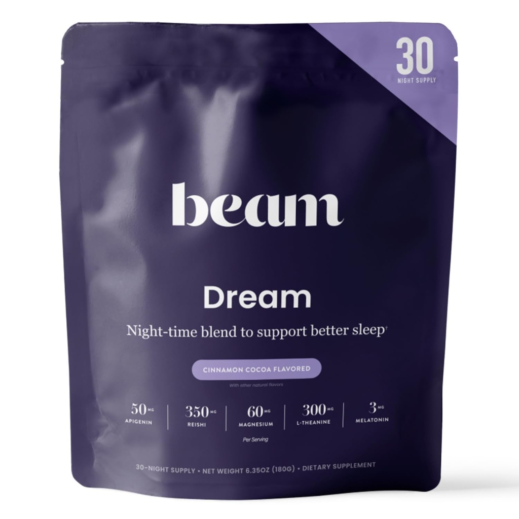 Beam Dream Sleep Powder, L- Theanin, Apigenin, Reishi a Magnesium, Třetí strana Testované přírodní spánkové pomůcky & Spánkový doplněk pro hluboký spánek, relaxace a zotavení, Přírodní spánková podpora, 30 Služeb
