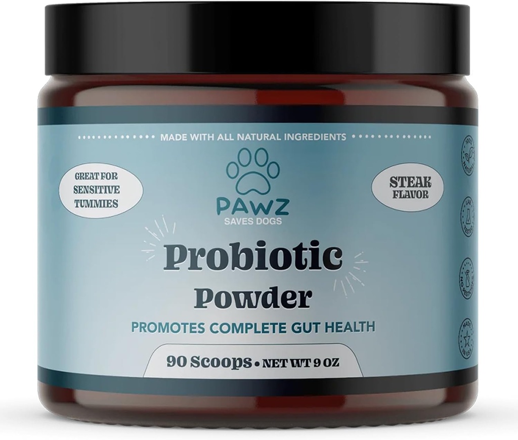 PAWZ Probiotický prášek pro psy - 90 Scoops Steak Flavor - Promotes Gut Health and Digestion - Probiotics Supplement Support Imunitary System & Skin and Coat Health - Vhodné pro všechny typy psů
