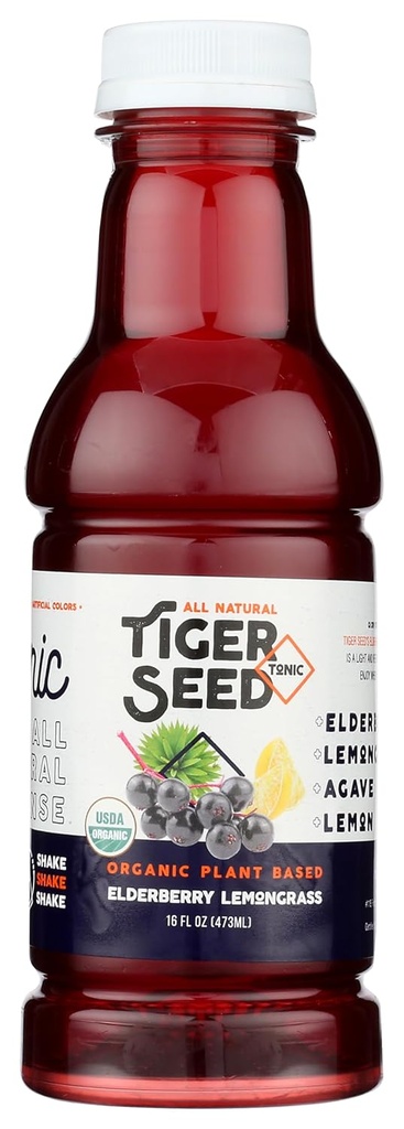 Elderberry Lemongrass - Tiger Seed - Plant Based Hydration & Imunitation Support - 16 FL OZ Lahve (balení po 9) Organic, Vegan, Kosher, Low-Sugar
