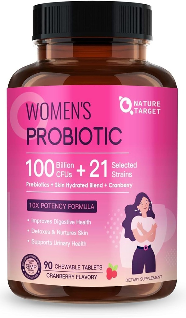 CÍLOVÉ PRObiotiky NATURY pro ženy Stravovací zdraví se 100 miliardami CFU, Womens Probiotic pro Gut Health & Imunity Support, Péče o pleť, s Cranberry & D- mannose, 90 Žvýkací tablety (45 denní dodávka)