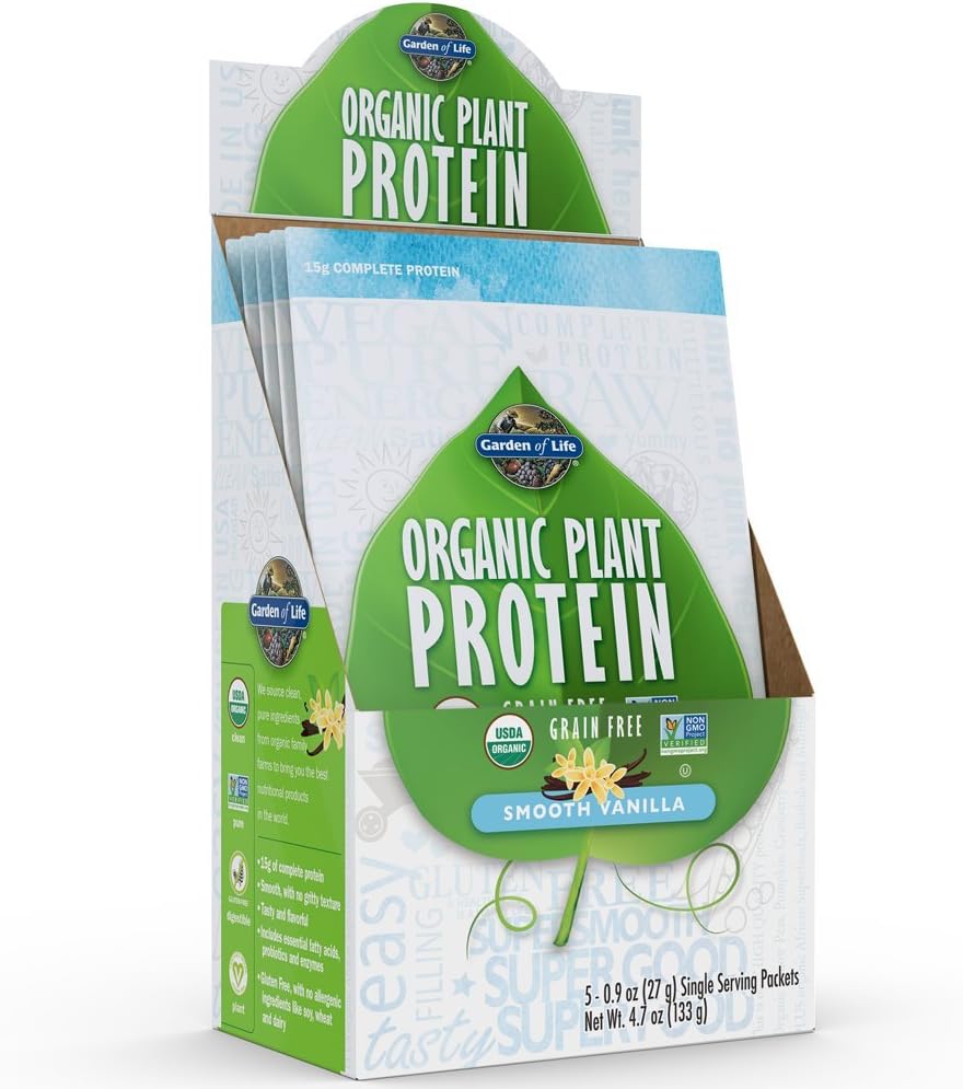 Zahrada životního organického rostlinného proteinu hladký vanilkový prášek - Jednorázové balíčky (5- Pack) - Vegan, Grain Free & gluten zdarma rostlinný protein Protřepat s 1B CFU Probiotiky a enzymy, 15g protein