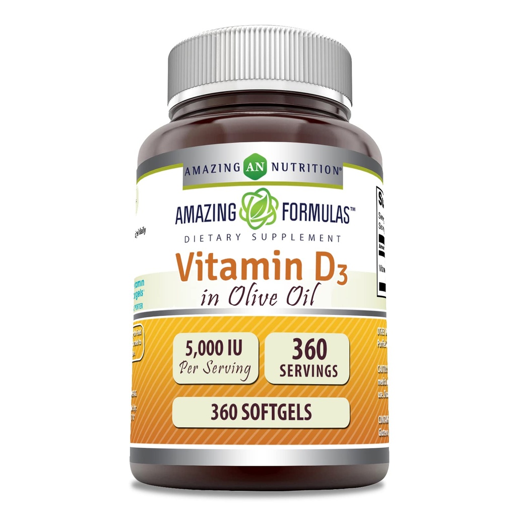 Úžasné vitamíny D3 v olivovém oleji 5000 IU doplněk 124; Softgels current 124; Non- GMO curren124; gluten- Free curren124; Made in USA (1 balení 124; 360 Počet)