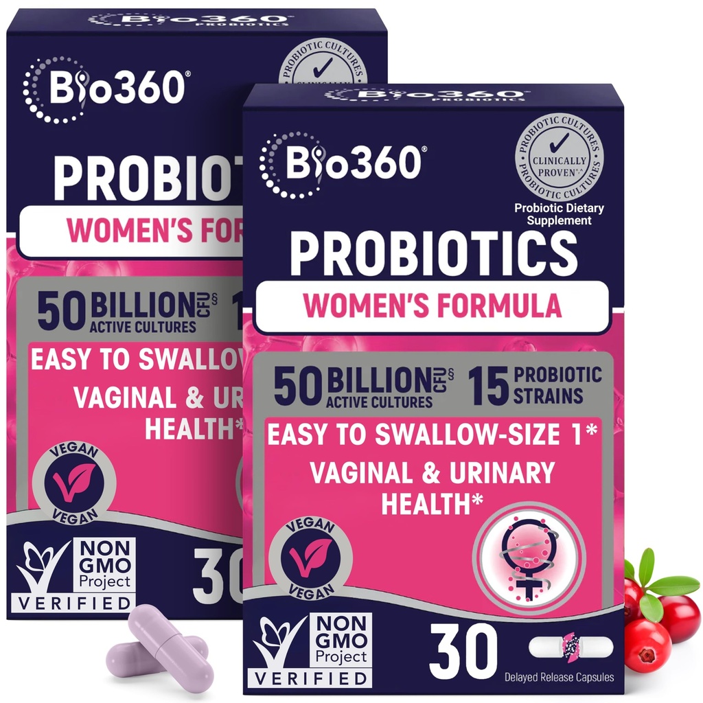 Bio360 Probiotika pro ženy Vaginigální zdraví - Podporuje pH Balance, Vaginální, Močová, & Trávicí Zdraví - 50 Miliardy CFU & 15 Unikátní srážky pro zdravé vaginální zápach & Vaginální Flora - Stabilní