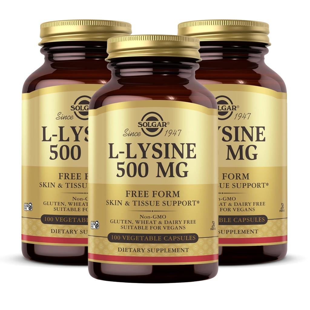 Solgar L- Lysin 500 mg - 100 zeleninových kapslí, balení 3 - Podpora kůže a tkáně - Non- GMO, Vegan, Kosher, Gluten zdarma - 300 Celkem