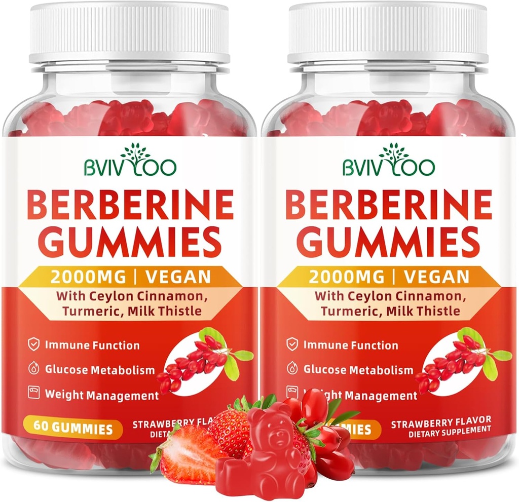 2 Balení Berberine Gummies, Cukr zdarma 2000mg High Potency Berberine HCI Dodatek, Plus Ceylon Skořice, Mléko Thistle pro ženy a muže, imunitní systém & Metabolismus Podpora - 120 Gummies